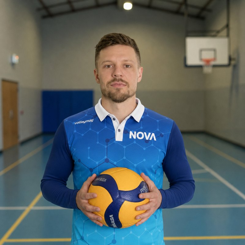 Porträt von Trainer Vladyslav Kostiushko mit einem Volleyball